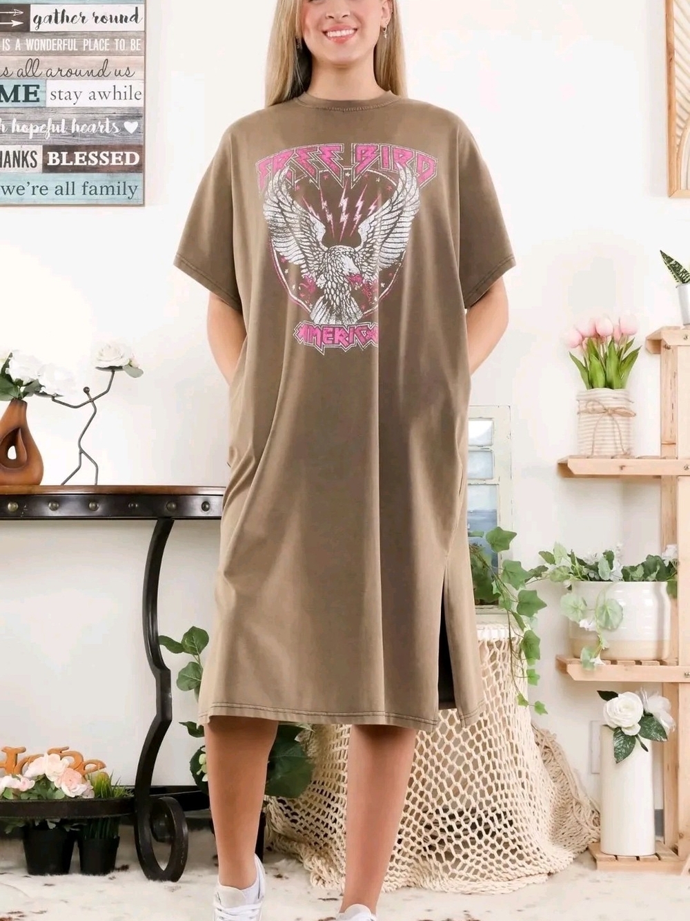 Blue Velvet Tee Dress in Olive Brown